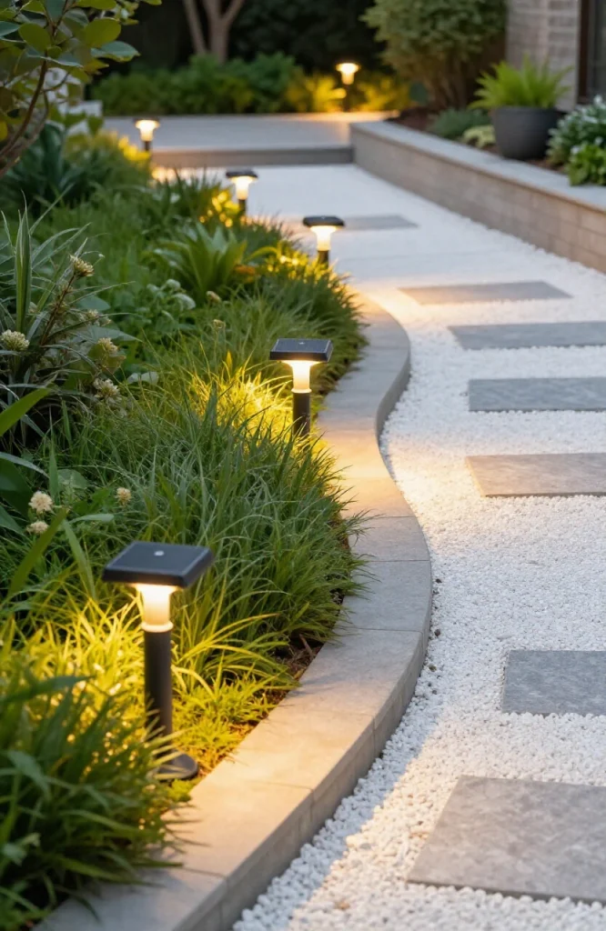 Garden pathway lined with solar path lights creating a lit walkway through landscaped plants at evening