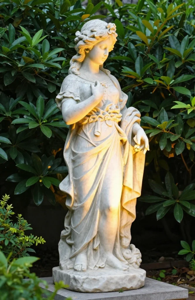 Illuminated garden statue with upward spotlights creating dramatic shadow effects in landscaped setting