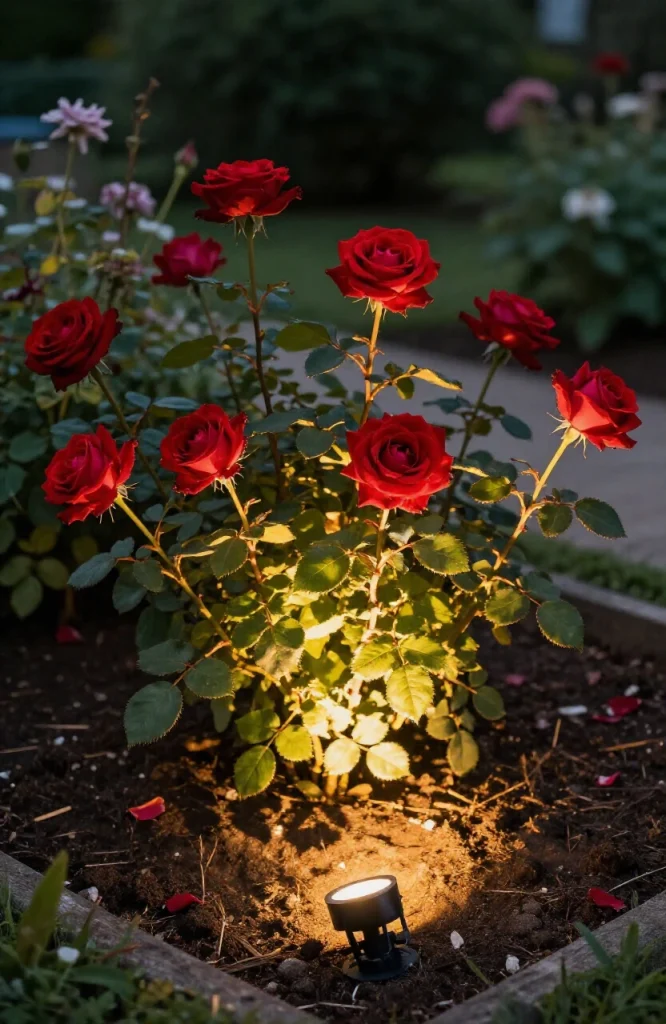 Outdoor garden spotlights illuminating colorful seasonal flowers and foliage at dusk