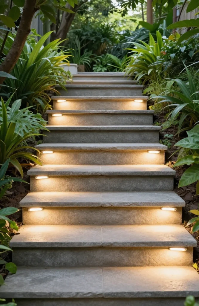 outdoor garden steps illuminated from the side with warm accent lighting highlighting the staircase edges