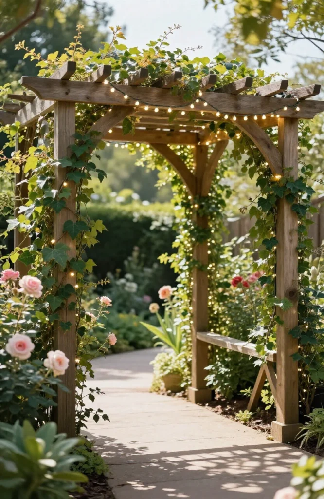 String lights draped across wooden pergola and garden arch creating warm ambient outdoor lighting