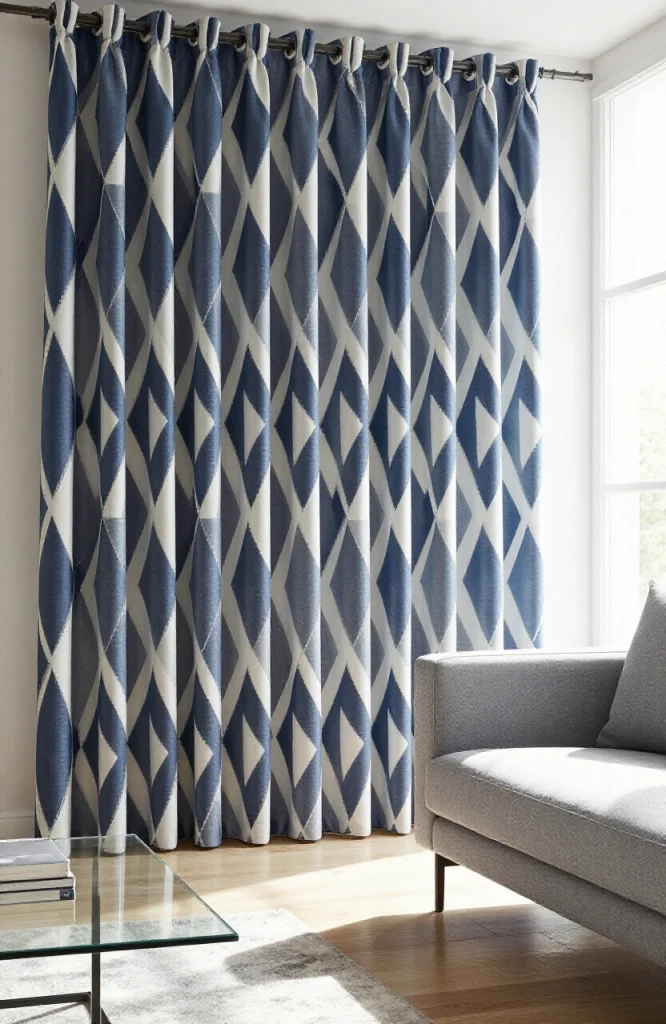 Modern living room with geometric patterned curtains in gray and white hanging on large windows above seating area