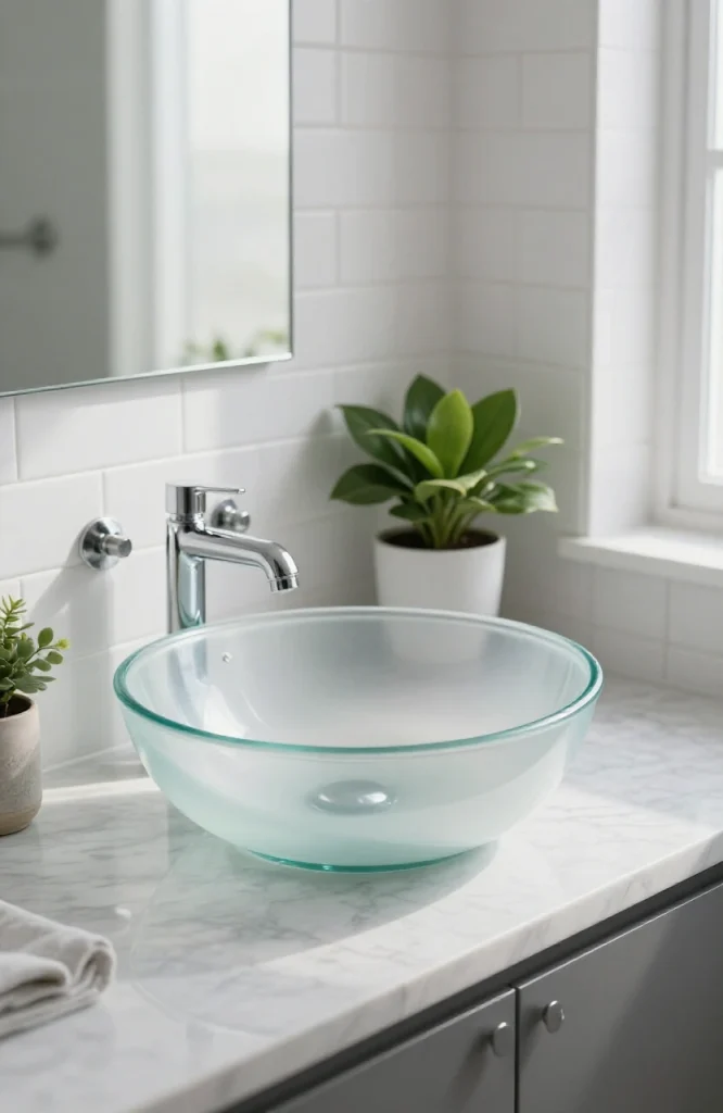 Modern glass corner sink installed in a bathroom vanity with chrome faucet and white countertop