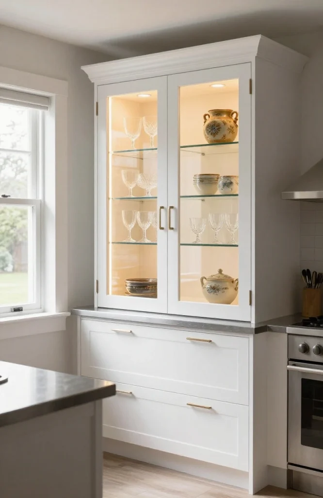 Glass front kitchen cabinets with warm white LED strip lighting illuminating dishware and decorative items inside