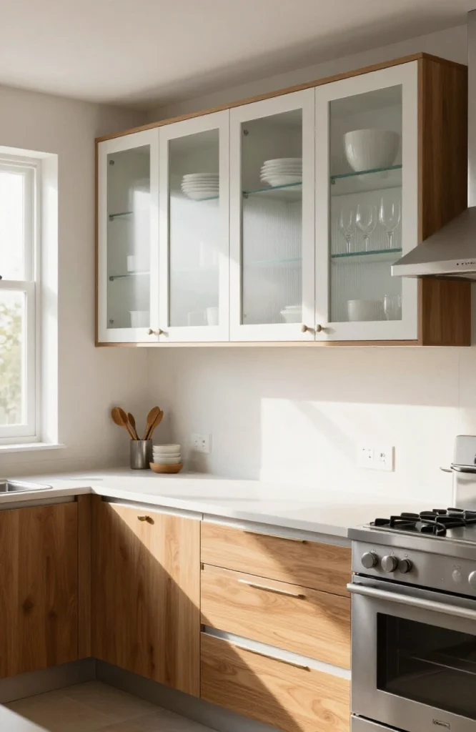 Kitchen cabinet door with glass insert panel displaying dishes and dishware inside