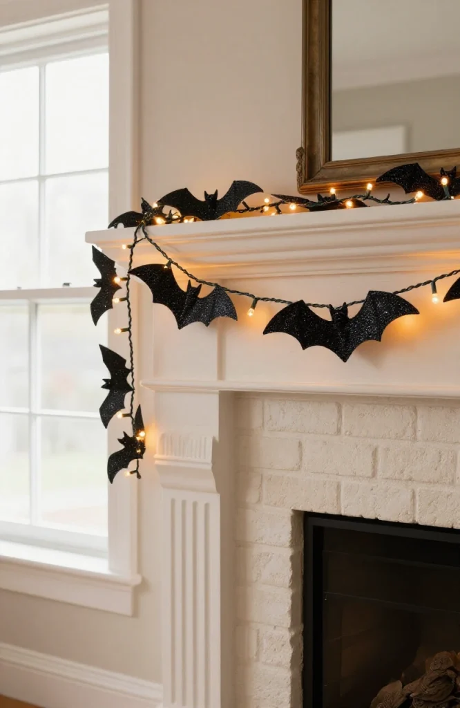 DIY glitter bat garland draped on fireplace mantel with warm white string lights intertwined between black sparkly bat cutout