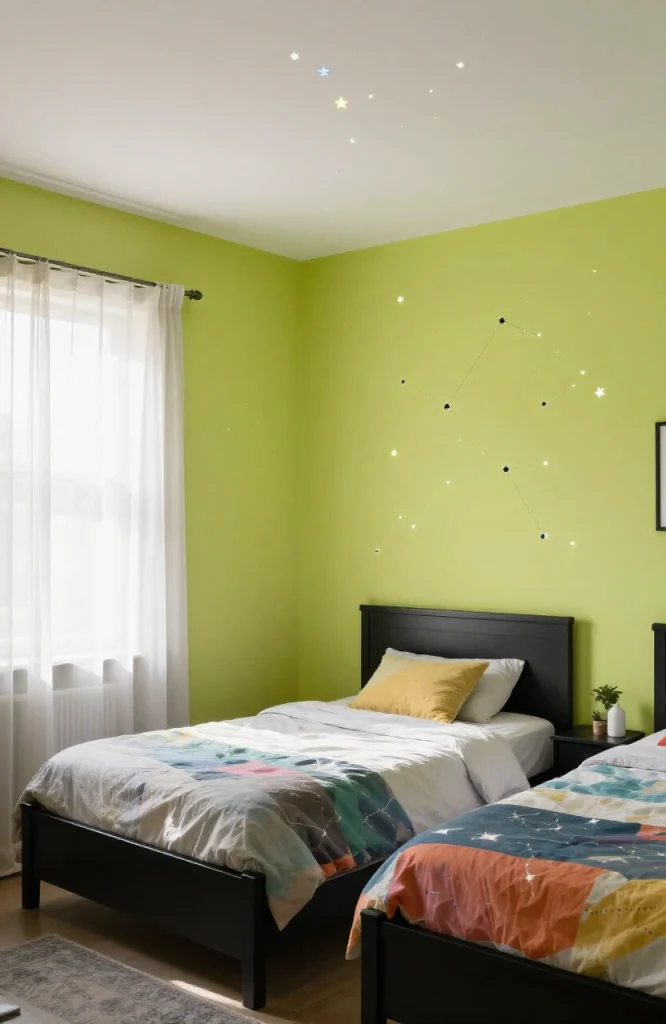 Bedroom ceiling decorated with glowing stars and constellation patterns creating Y2K aesthetic lighting