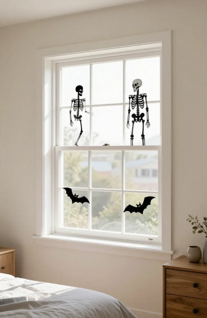 Halloween window decorated with glowing sticker sheets showing ghosts, pumpkins, and bats on glass