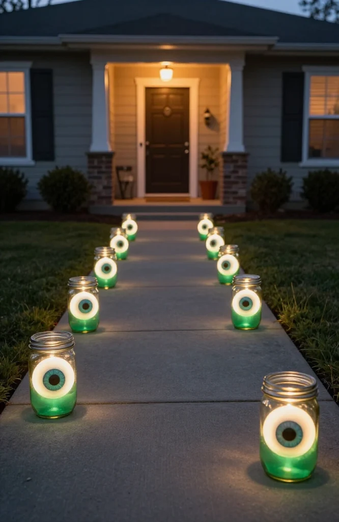 Glowing eyeball jars lined along a dark garden border creating eerie Halloween walkway decoration for trick-or-treat night