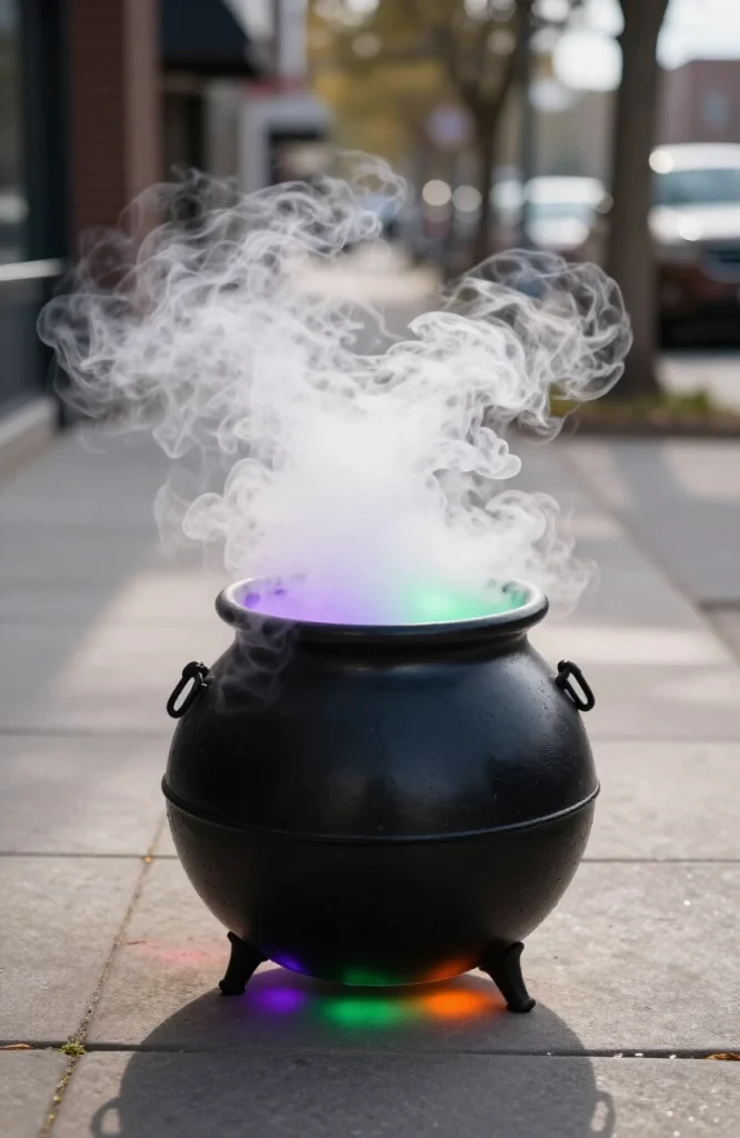 Black cauldron with bubbling green glowing mist effect on Halloween walkway entrance