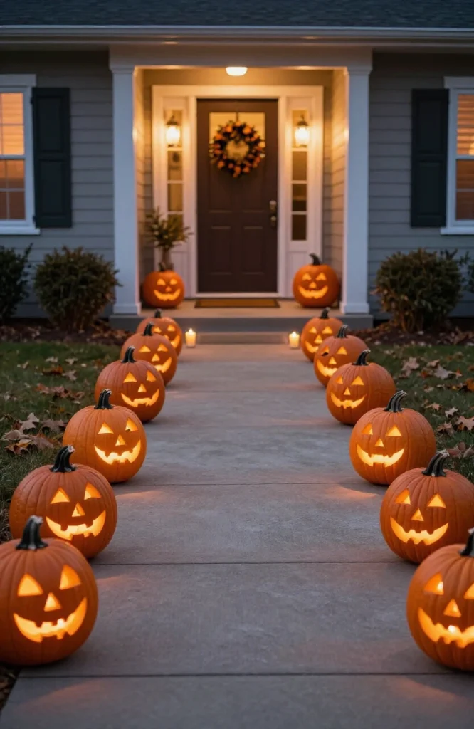 Halloween walkway lined with glowing carved jack-o-lantern pumpkins on both sides creating a luminous pathway