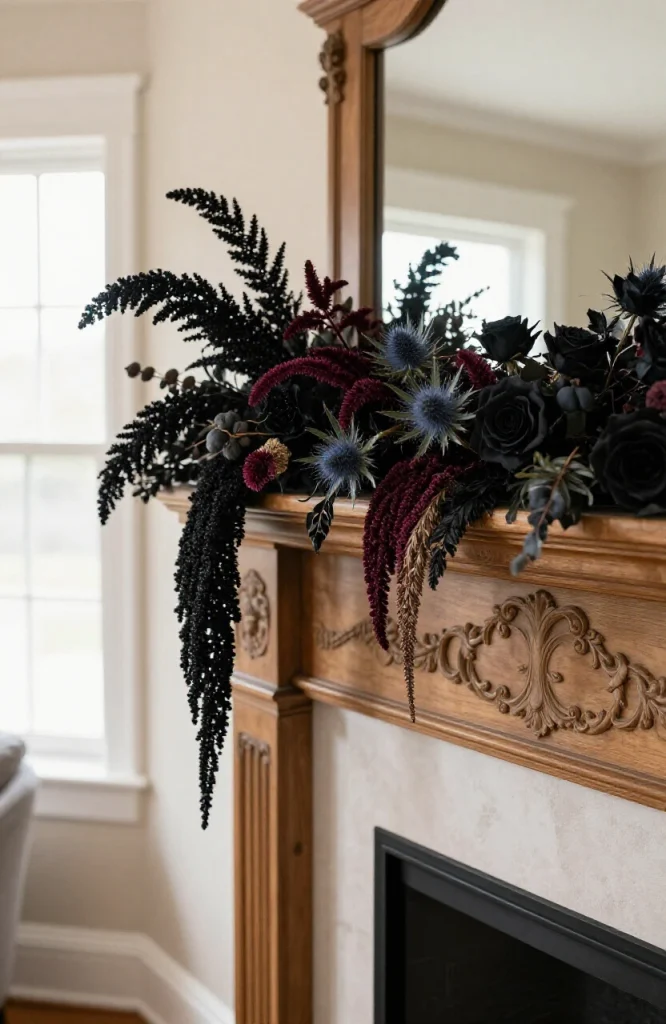 DIY gothic dried floral garland with black flowers and dark foliage arranged on fireplace mantel for Halloween