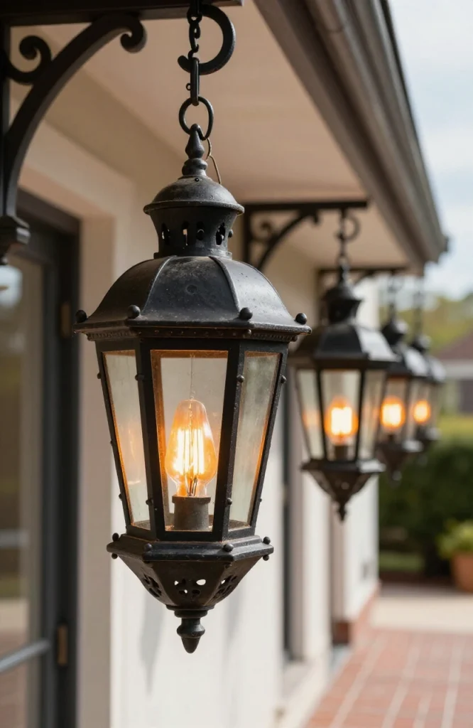 Gothic iron lanterns with flickering bulbs lining a dark Halloween walkway entrance