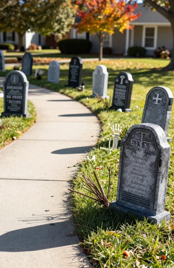 Halloween walkway decorated with foam headstones arranged in a graveyard scene with spooky atmospheric lighting