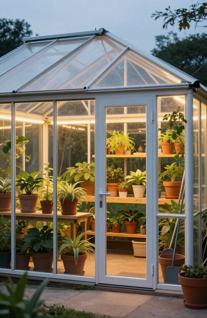 Bright LED lighting fixtures inside a glass greenhouse with plants and shelving