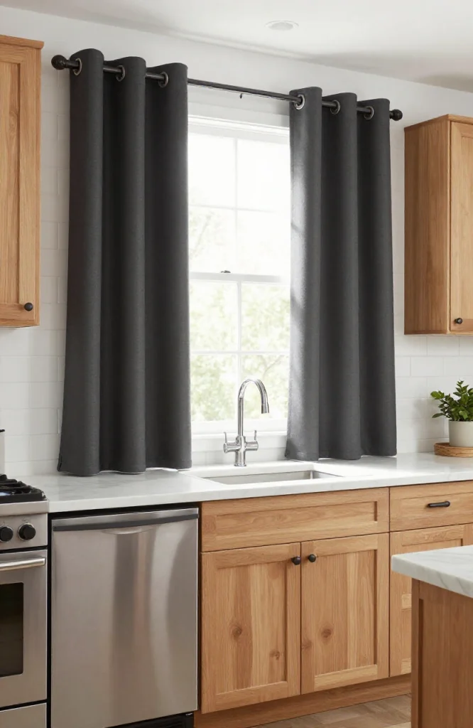 Modern kitchen with floor-to-ceiling grommet curtains in neutral linen fabric filtering natural light