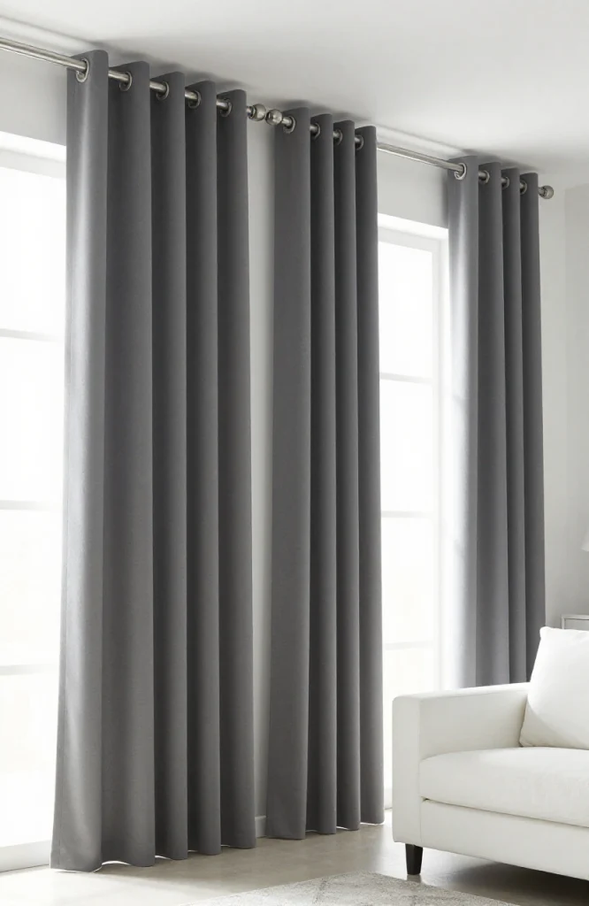 Modern living room with grommet top curtains in neutral tone hung on metal rod