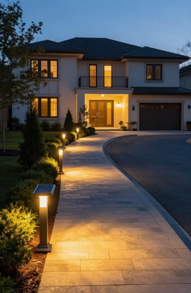 Outdoor pathway illuminated with Christmas ground stake lights and decorative lanterns lining walkway
