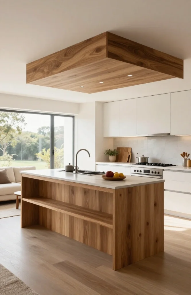 Modern kitchen and living room separated by a half-wall pony wall dividing open floor plan space