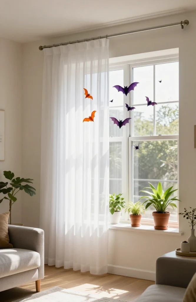 Apartment window decorated with Halloween lights, orange paper bats, and black cat silhouettes on glass