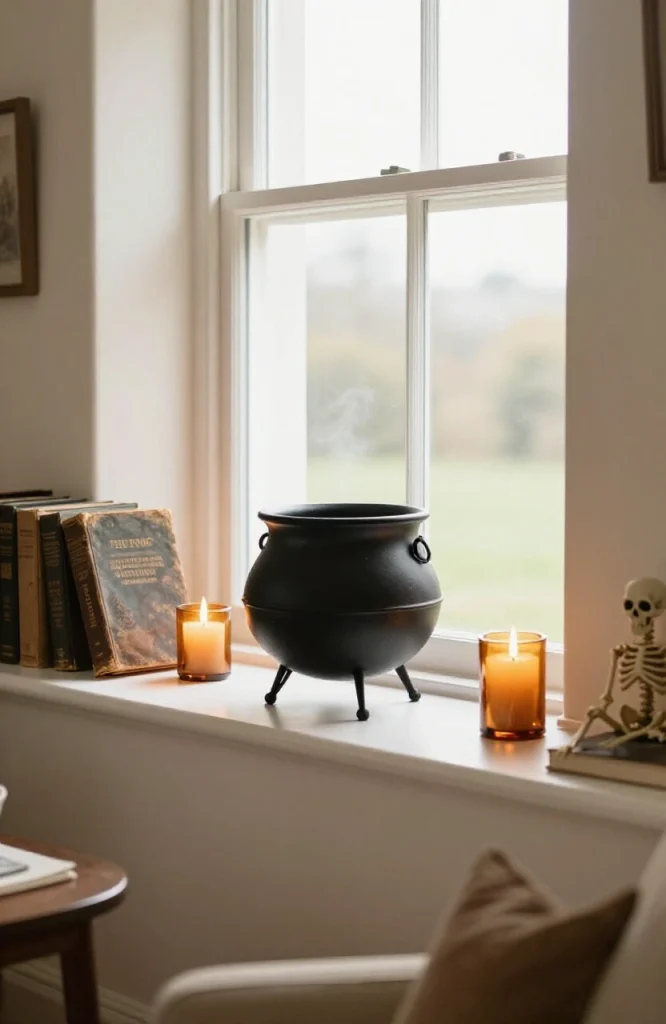 Deep window sill decorated with black cauldron, purple lighting, and Halloween props creating a spooky scene