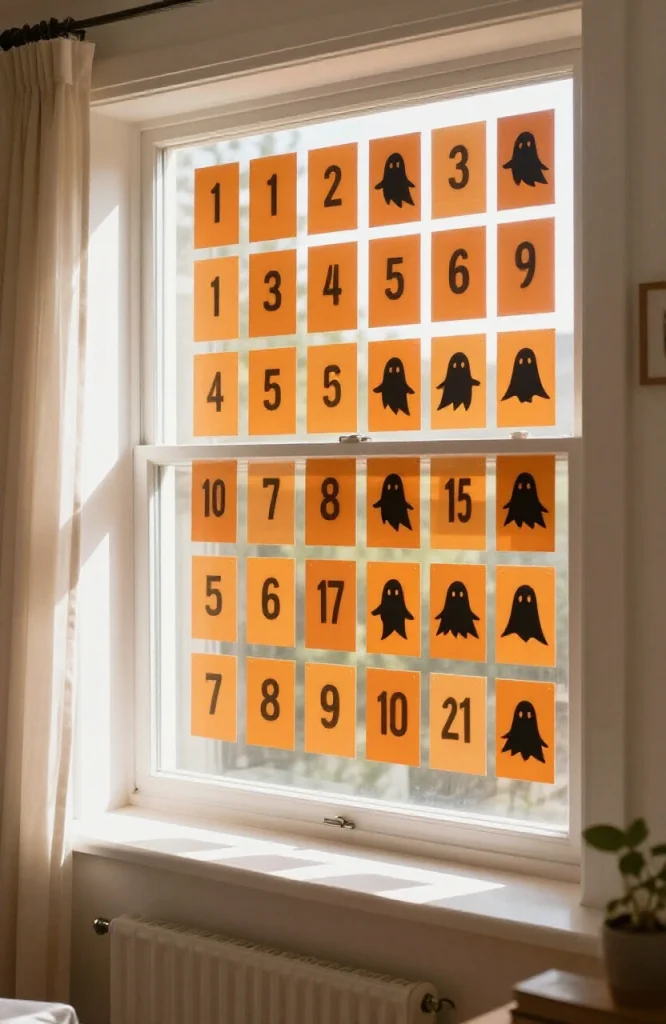 Halloween countdown calendar with numbered pockets displayed in a window showing fall decorations