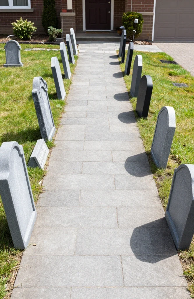 DIY tombstone markers arranged along the edges of a Halloween walkway pathway with spooky decorations
