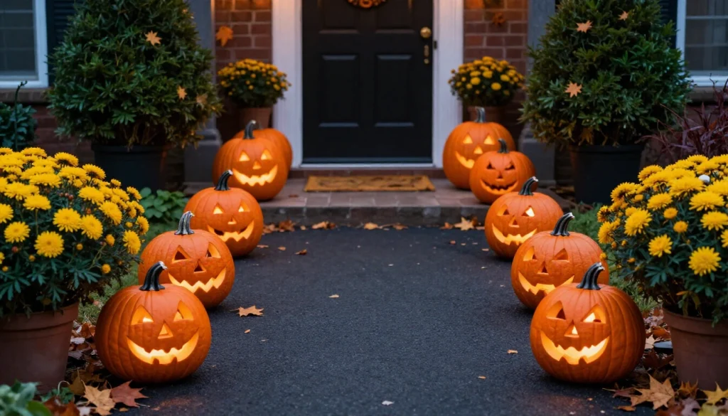 Decorated Halloween walkway with glowing pumpkins, tombstones, and spooky lighting lining the path to front door