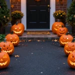 Decorated Halloween walkway with glowing pumpkins, tombstones, and spooky lighting lining the path to front door