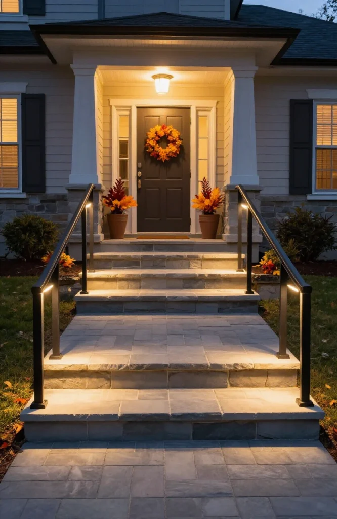 Well-lit Halloween walkway with safety lights guiding trick-or-treaters along pathway at dusk