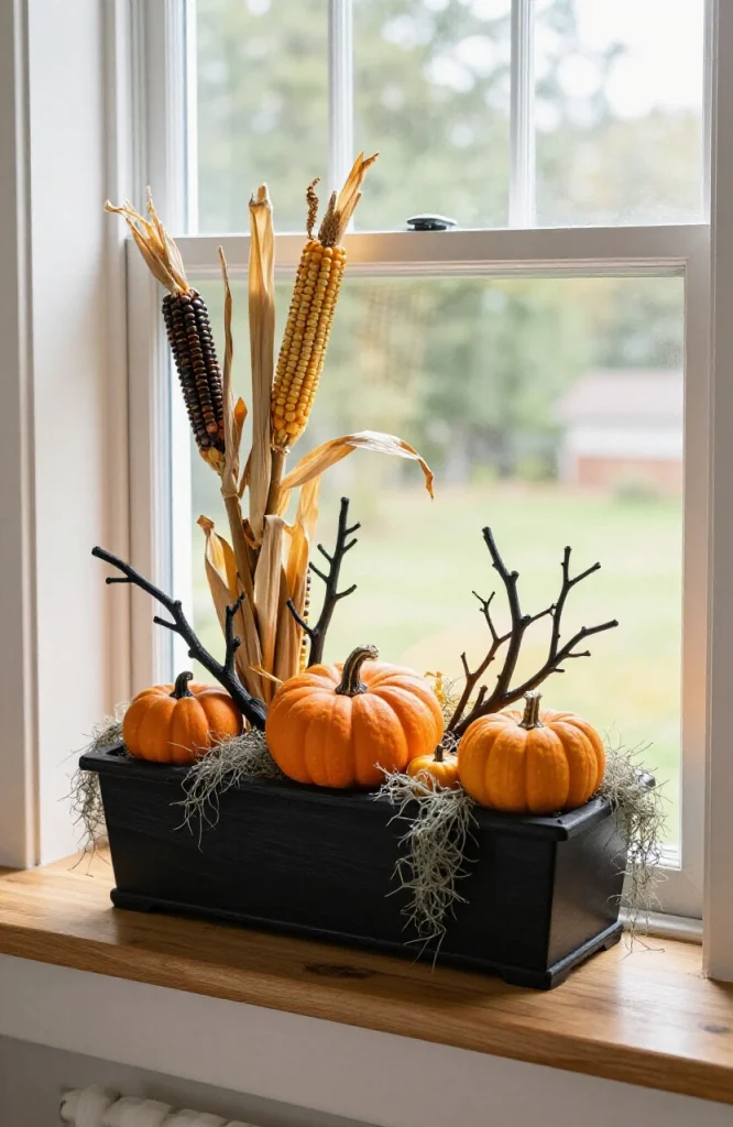 Autumn window box decorated with Halloween pumpkins, black candles, and fall foliage