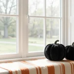 Spooky Halloween window display with orange pumpkins, purple lights, and gothic decorations