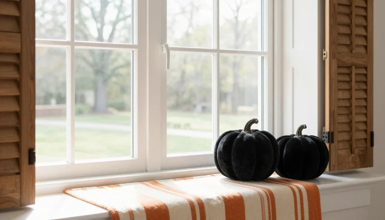 Spooky Halloween window display with orange pumpkins, purple lights, and gothic decorations
