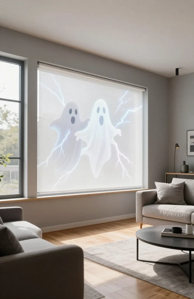 Halloween window projection display with animated ghost and pumpkin effects on house facade at night