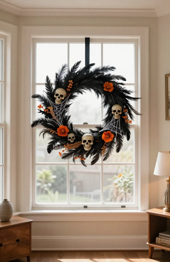 Halloween wreath centered in window with autumn foliage and decorative elements