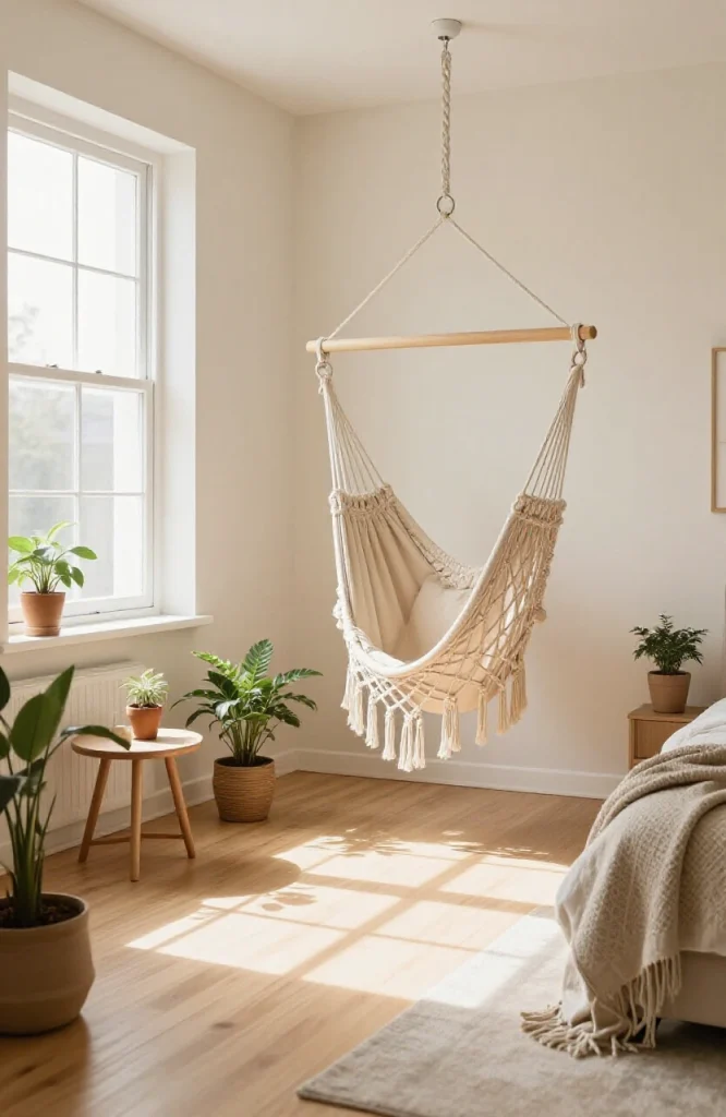 Modern hammock chair suspended in a small living room providing comfortable seating without a sofa