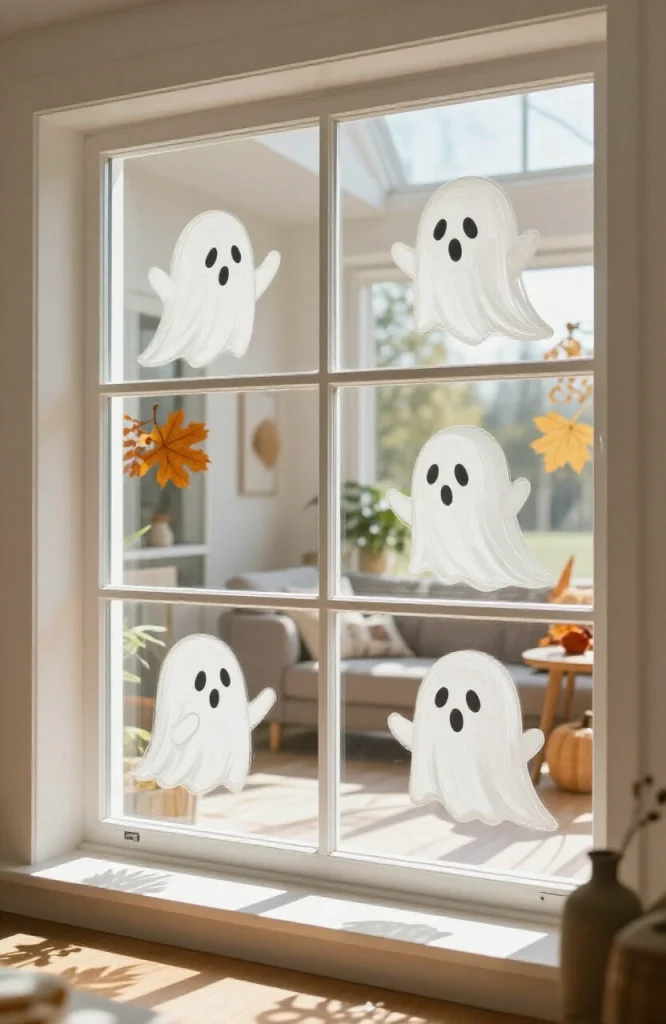 White hand-painted ghost faces with black eyes and mouths on glass window pane for Halloween decoration