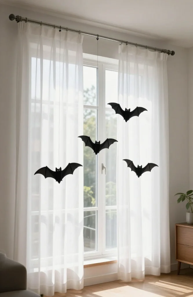 Black paper bats hanging from a curtain rod in front of a window for Halloween decoration