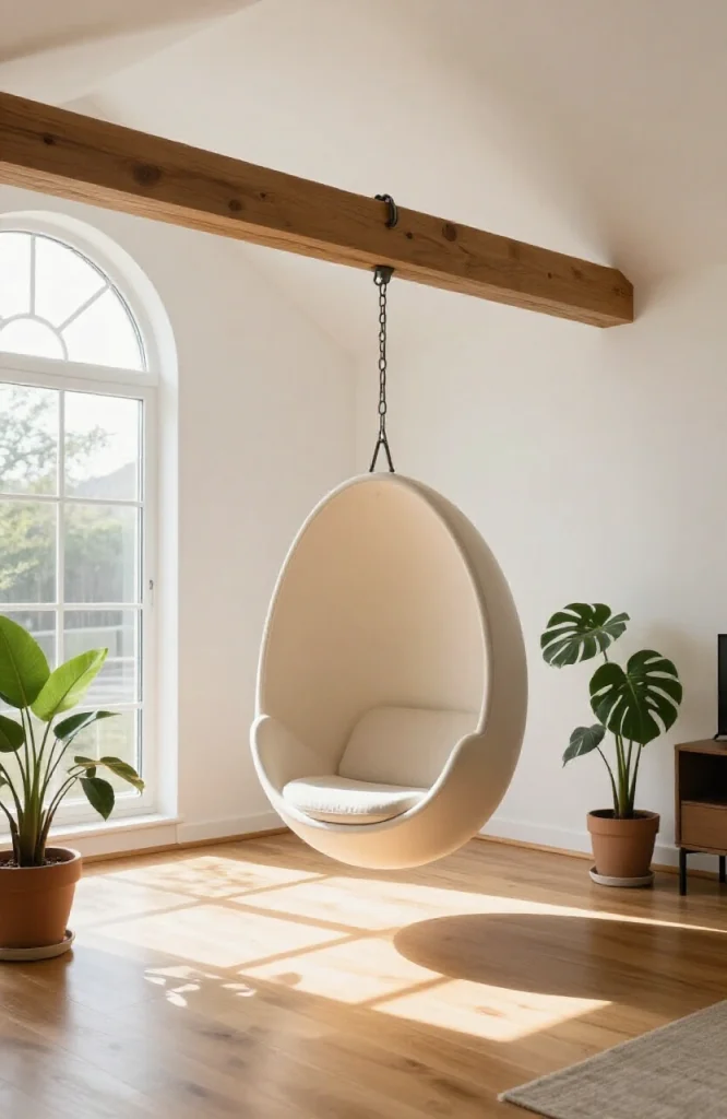 Modern living room featuring a suspended hanging chair as the focal point with neutral decor and natural lighting
