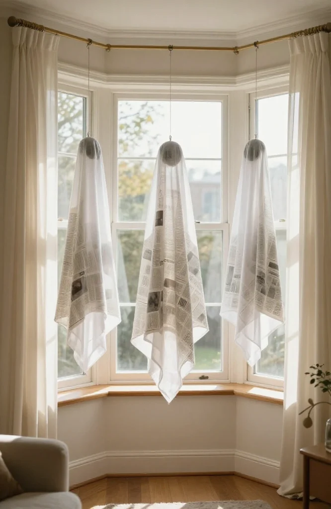 White cheesecloth ghosts with black dot eyes hanging in a window for Halloween decoration