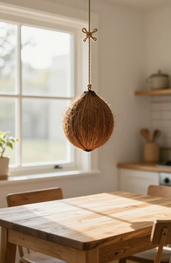 Coconut shell halves filled with birdseed and suet hanging from twine as a handmade bird feeder