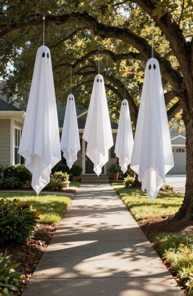 White ghost decorations suspended from tree branches along a walkway for Halloween
