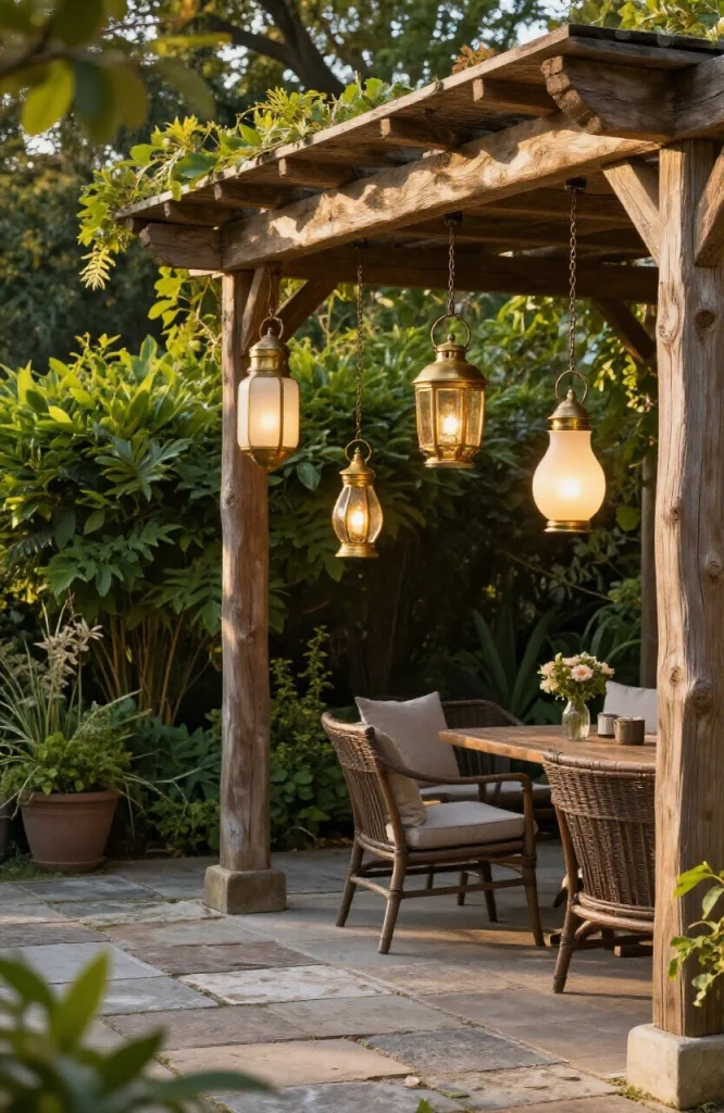 Outdoor garden with hanging lanterns suspended at varying heights creating warm ambient lighting among plants and pathways