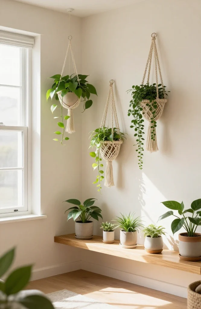 Living wall display with cascading hanging plants and vertical garden arrangement on white wall