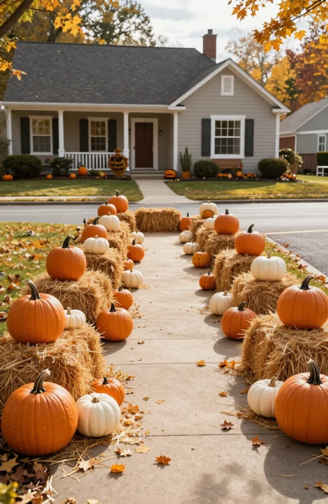 Stacked hay bales topped with orange pumpkins lining a walkway for Halloween decoration