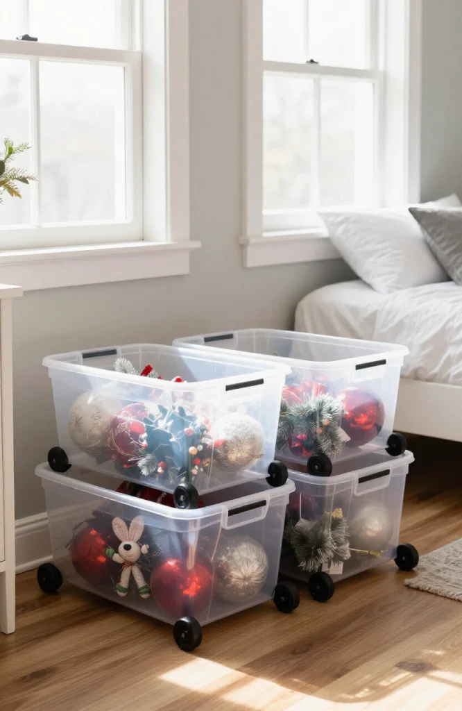 Small apartment with labeled storage solutions including under-bed boxes, closet shelves, and wall-mounted organizers for hol