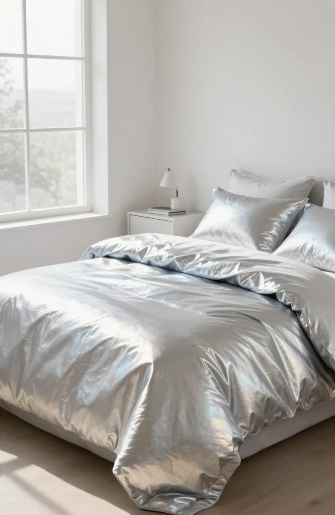 Bed with holographic silver and iridescent metallic bedding set featuring shimmering pillows and duvet cover