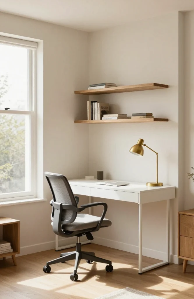 Dedicated home office nook with desk, chair, and organizational storage in open floor plan living space