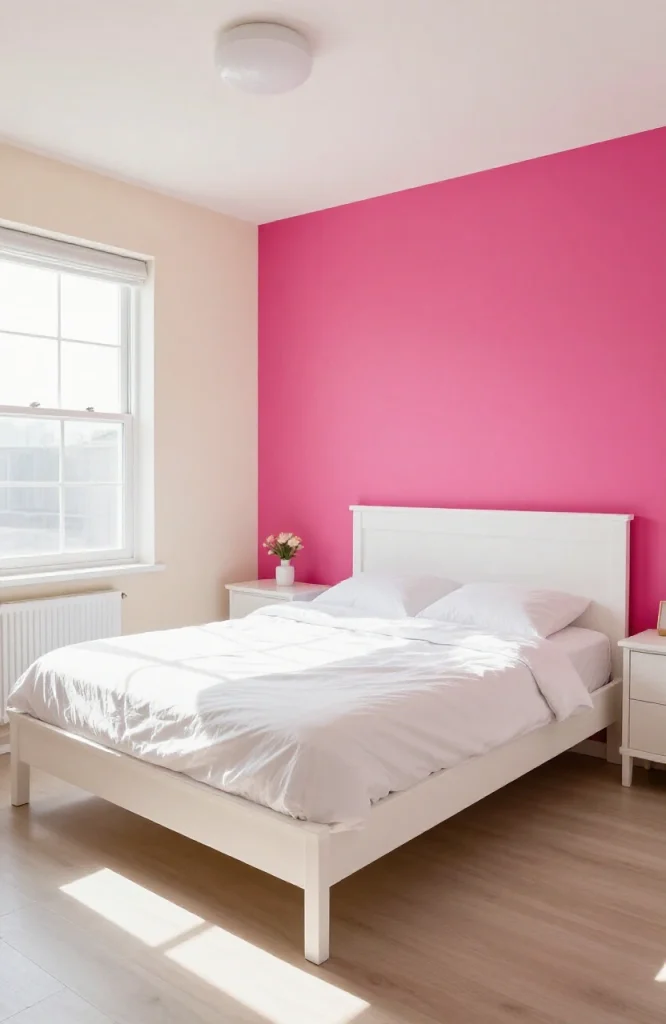 Modern bedroom featuring a vibrant hot pink accent wall with contemporary furniture and Y2K aesthetic styling