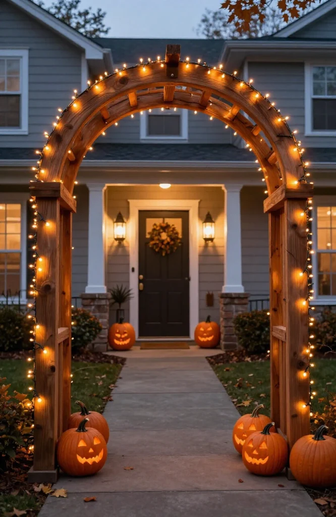 Glowing archway decoration at home entrance for Halloween trick-or-treat night with pathway lighting